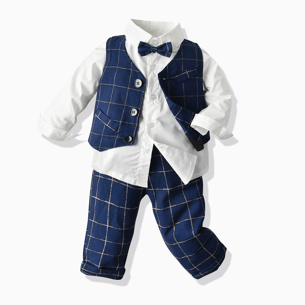 Boys' spring/autumn outfit: korean style children's plaid vest, trousers, and blazer set - export quality gentleman style
