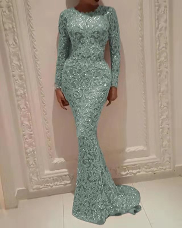 spring new european and american export women's clothing  hot stamping long sleeve elegant slim sexy maxi dress evening gown