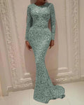 spring new european and american export women's clothing  hot stamping long sleeve elegant slim sexy maxi dress evening gown