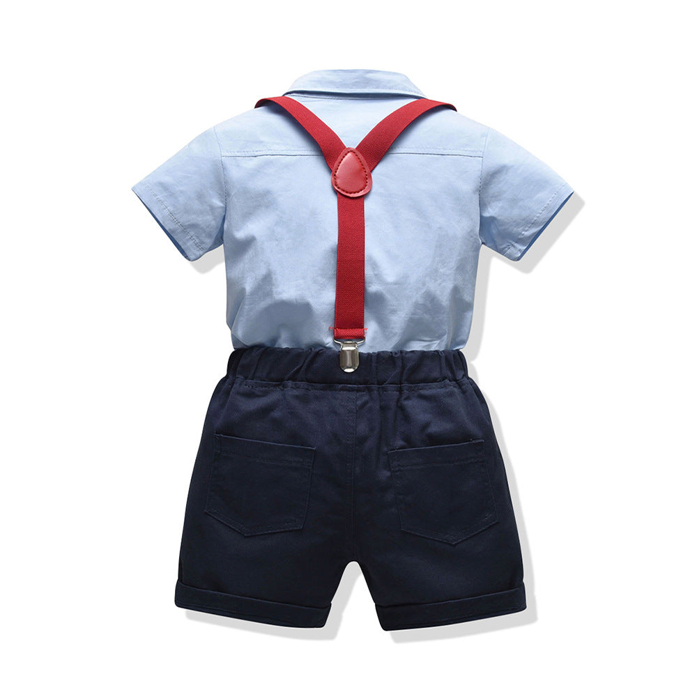 K-stylenew arrival boys spring and summer suit suspenders gentleman export short-sleeved two-piece set children's clothing wholesale baby sui