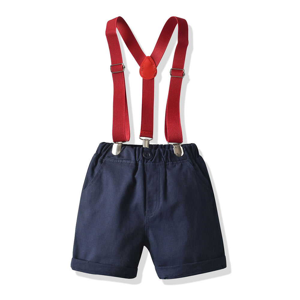 K-stylenew arrival boys spring and summer suit suspenders gentleman export short-sleeved two-piece set children's clothing wholesale baby sui