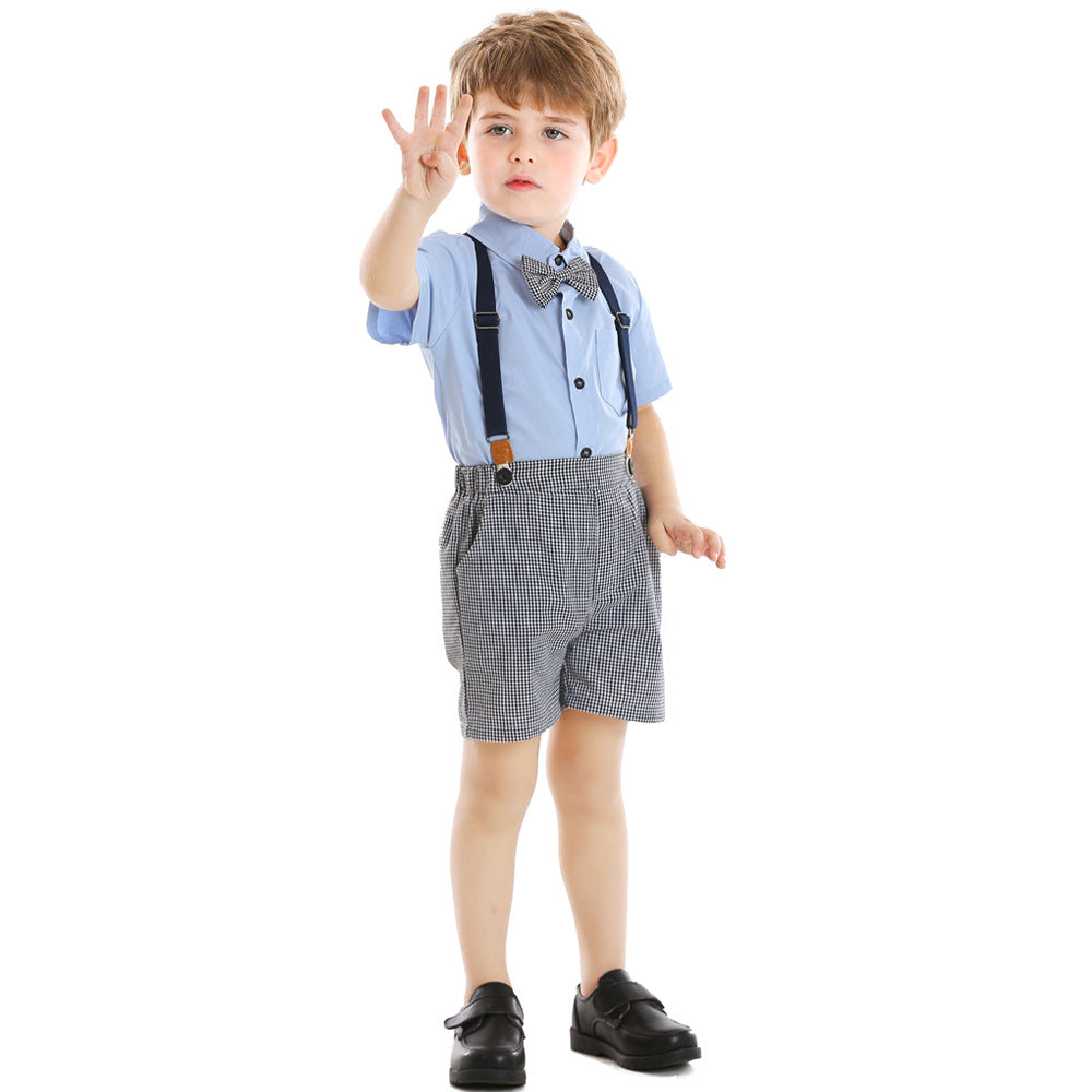 Source manufacturer kidssuit boys retro british short-sleeved suspenders two-piece setbaby suitpersonalizedoem