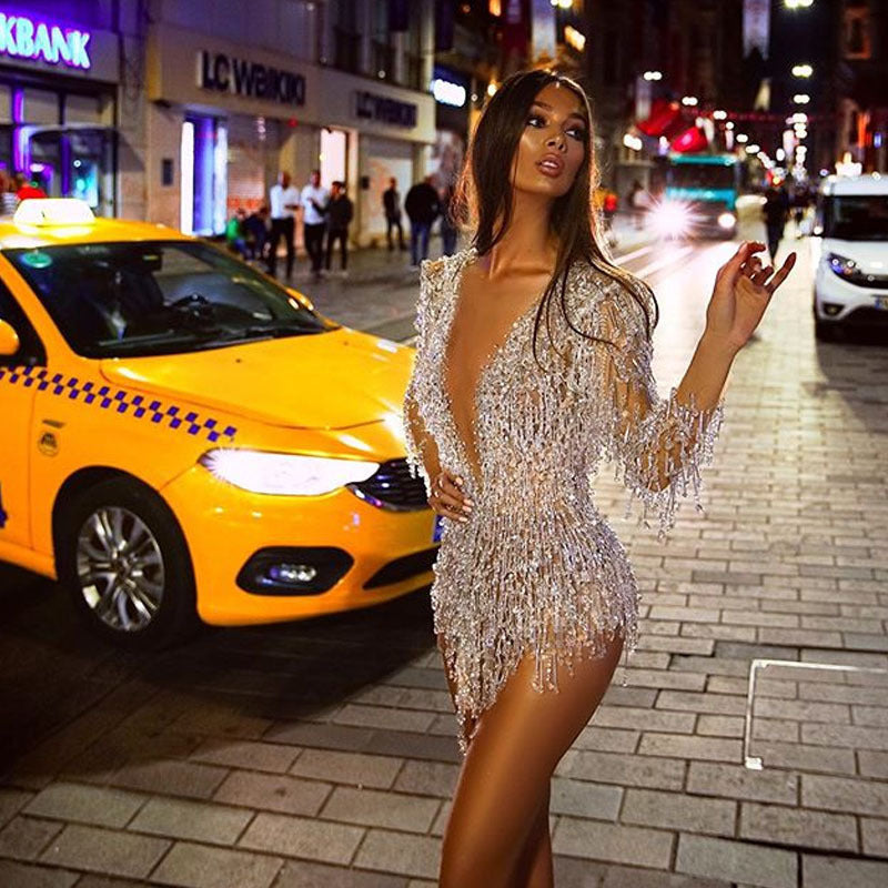 new european and american cross-border women's fashion: sexy sequin tassel deep v mini skirt for  and