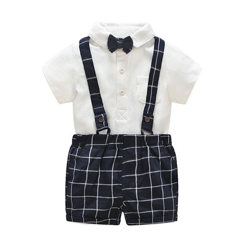 Export children's suit first birthday dress boys short-sleeved khaki plaid overalls two-piece set wholesale baby suit