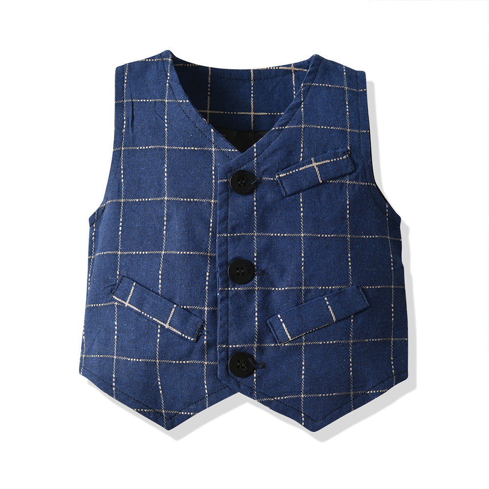 Boys' spring/autumn outfit: korean style children's plaid vest, trousers, and blazer set - export quality gentleman's formal wear, factory customization available