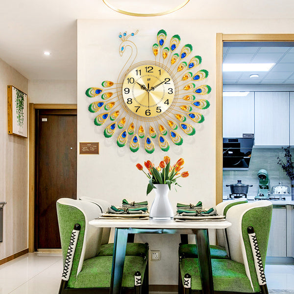 Peacock clock wall clock living room home light luxury wrought iron creative fashion silent advanced sense   clock