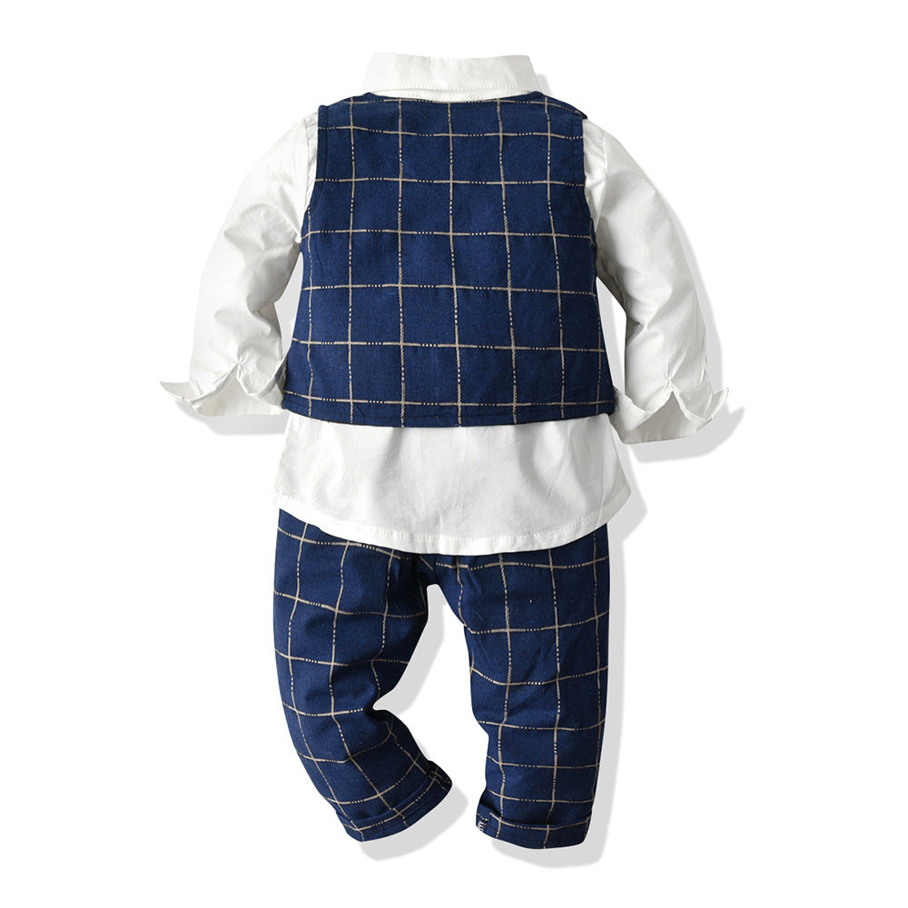 Boys' spring/autumn outfit: korean style children's plaid vest, trousers, and blazer set - export quality gentleman's formal wear, factory customization available