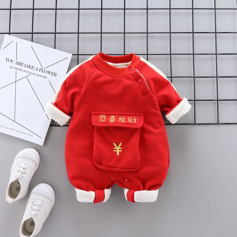 Unisex baby long-sleeve romper - spring/autumn, infant & toddler, bright red, newborn fashion, ultra-soft & warm onesie