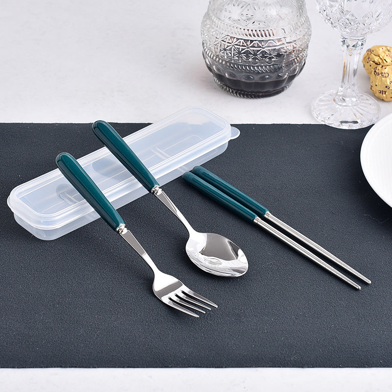 Simple handle anti-scald ceramic travel cutlery set - stainless steel fork, spoon, and chopsticks three-piece student portable utensil set