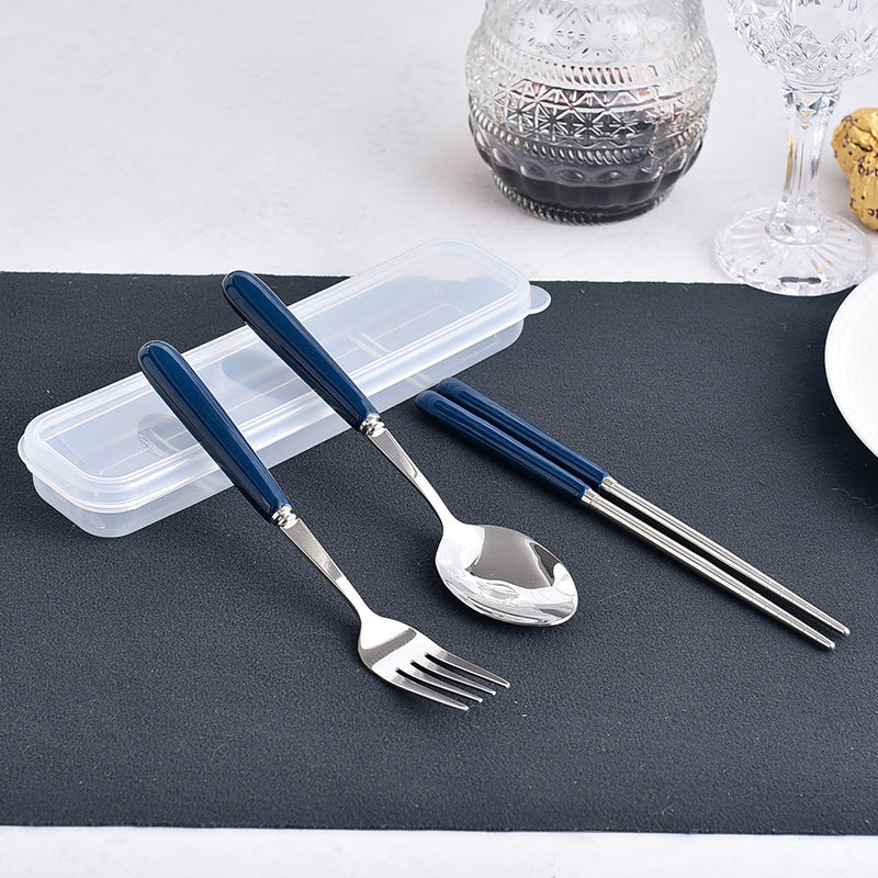 Simple handle anti-scald ceramic travel cutlery set - stainless steel fork, spoon, and chopsticks three-piece student portable utensil set