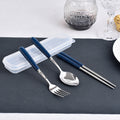 Navy blue fork, spoon and chopsticks + box