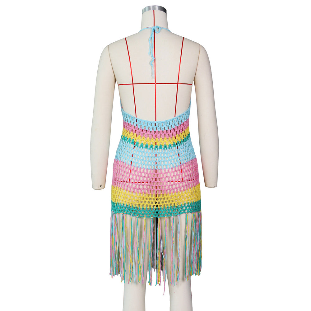 2020 summer hot selling beach dress sexy handmade crochet cut out tassel cover up dress