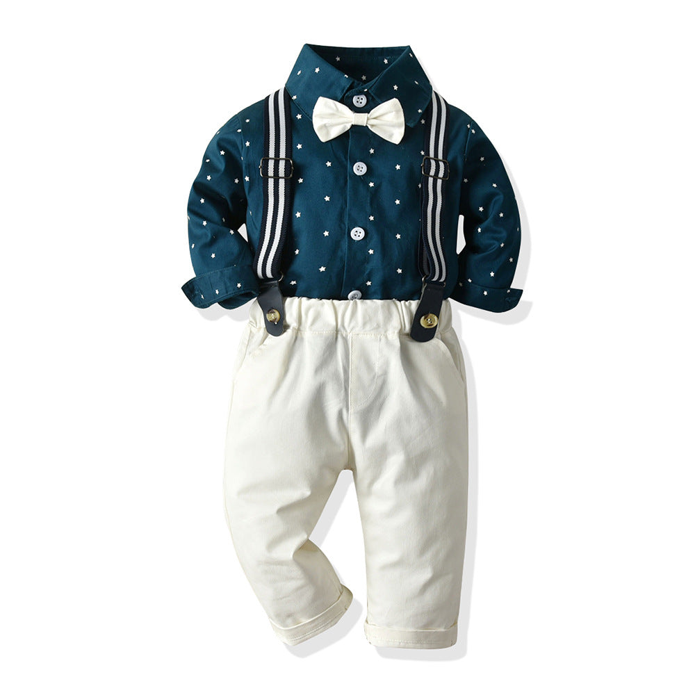 Spring & fallk-style children's clothing boyssuit star printinglong sleevesshirt overalls first birthday dress wholesale net children's clothing