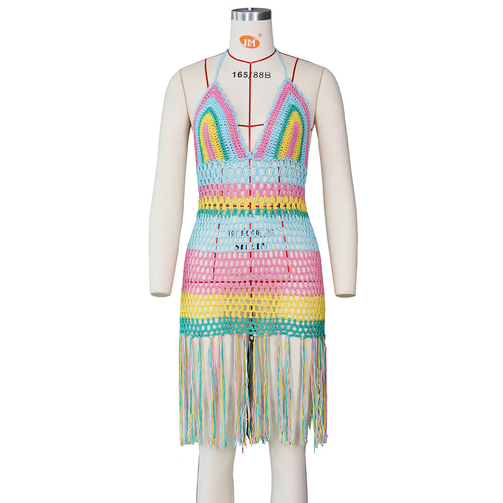 2020 summer hot selling beach dress sexy handmade crochet cut out tassel cover up dress