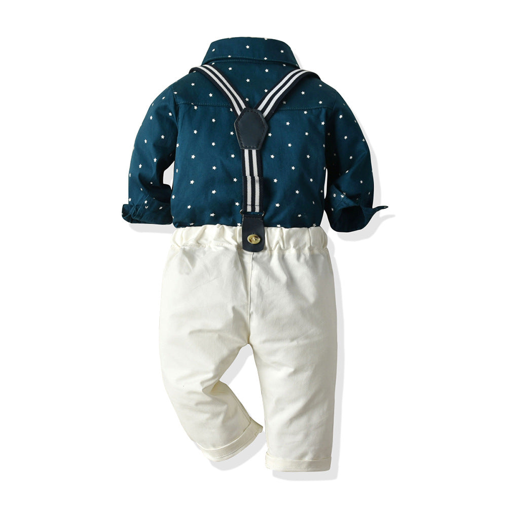 Spring & fallk-style children's clothing boyssuit star printinglong sleevesshirt overalls first birthday dress wholesale net children's clothing