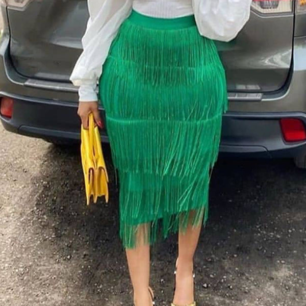 High waist splicing fringed skirt slim fit hip skirt party pencil skirt, large size women's clothing, skirt skirt
