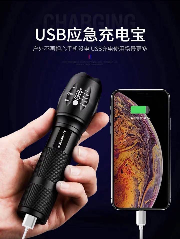 Built-in strong light long-distance flashlight manufacturer wholesale USB mobile phone charging 10W aluminum alloy multi-function T6 flashlight