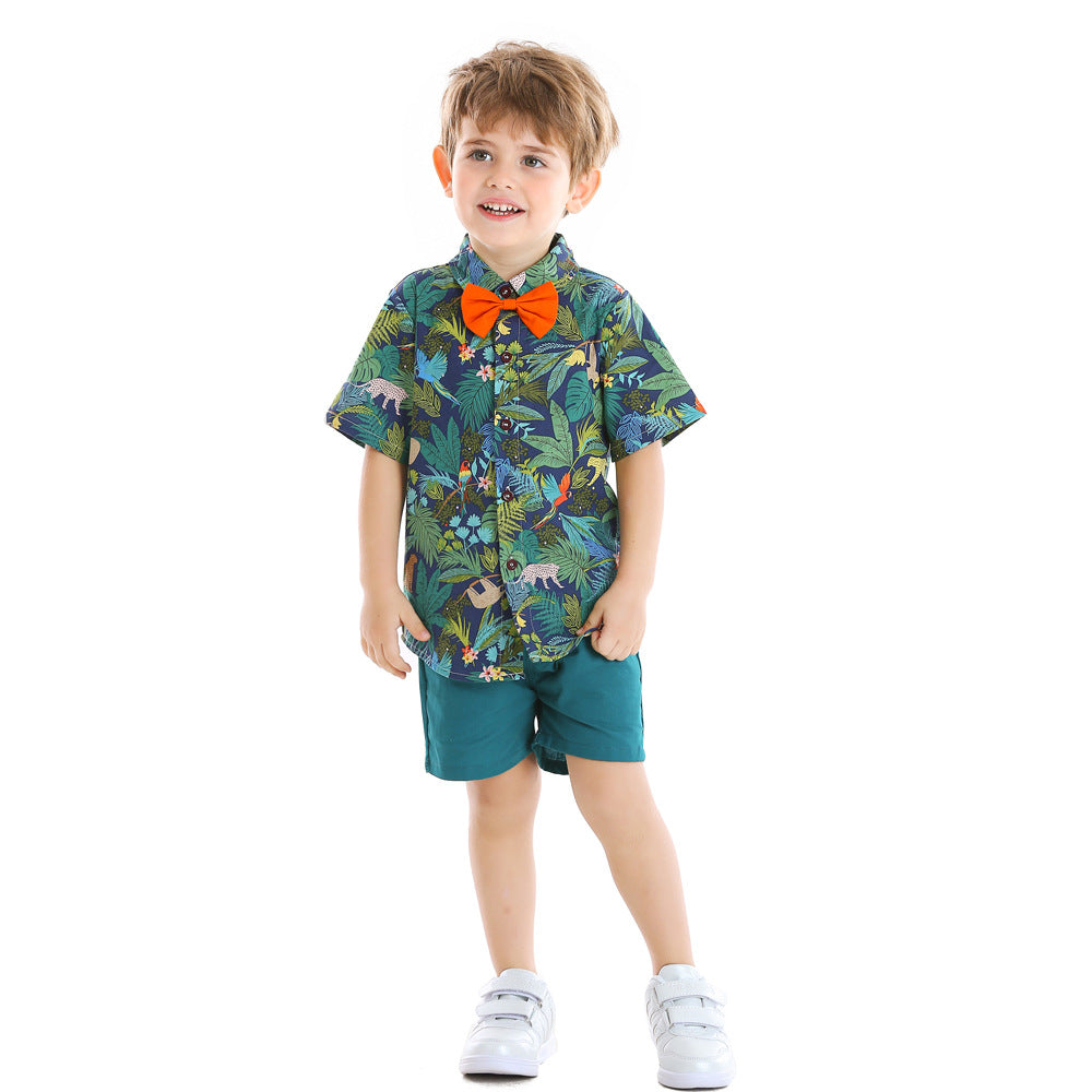 European and american new summer children's clothing bow tie floral shirt casual set wholesale ready stock baby suit