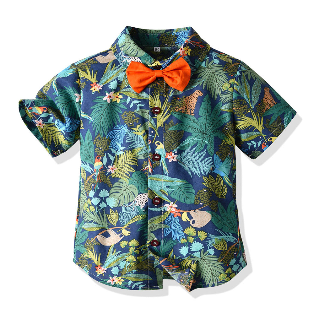 European and american new summer children's clothing bow tie floral shirt casual set wholesale ready stock baby suit