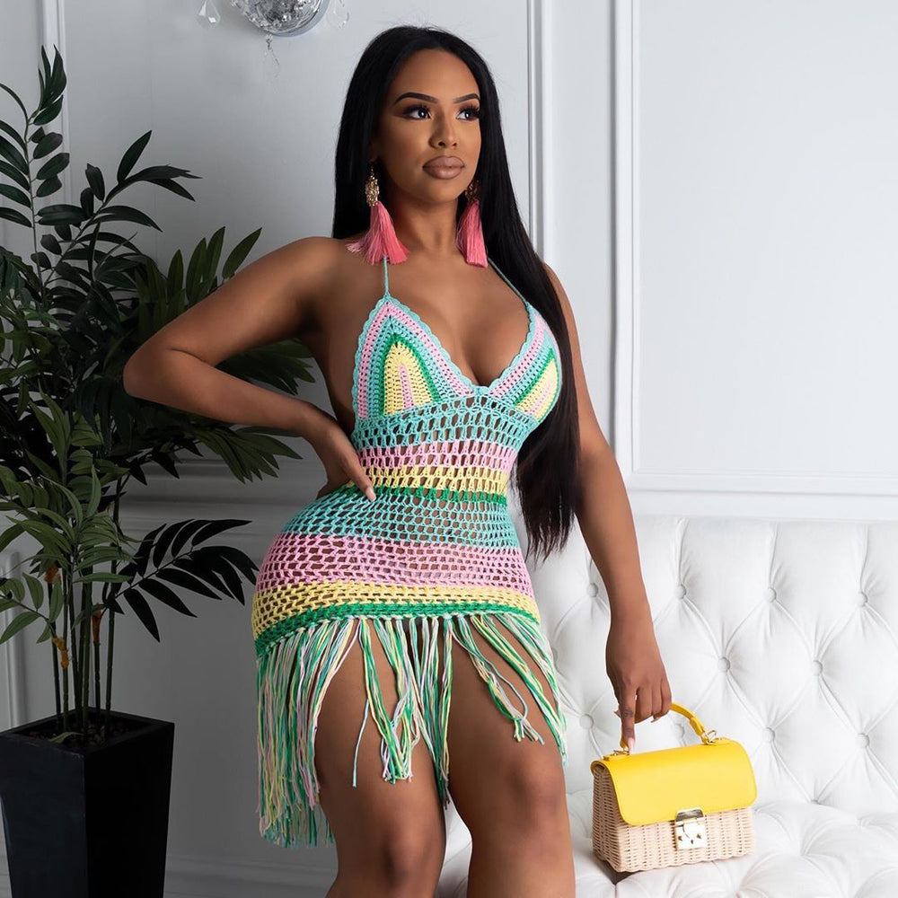 2020 summer hot selling beach dress sexy handmade crochet cut out tassel cover up dress