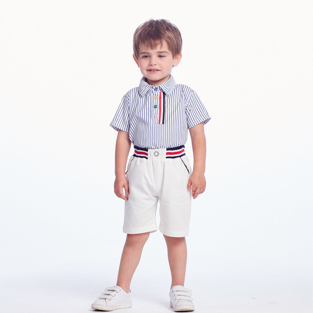 children's suitsummer boys' lapel short-sleeved stripesshirtcasual pants k-stylekidssuit manufacturer wholesale