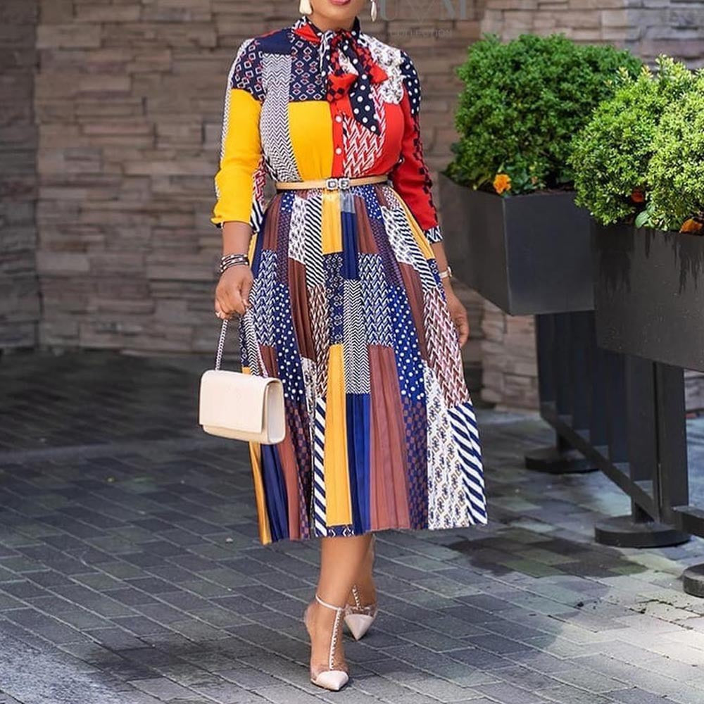 spring/summer new arrival: african-style printed midi dress with bow collar and elegant three-quarter sleeves - women's apparel