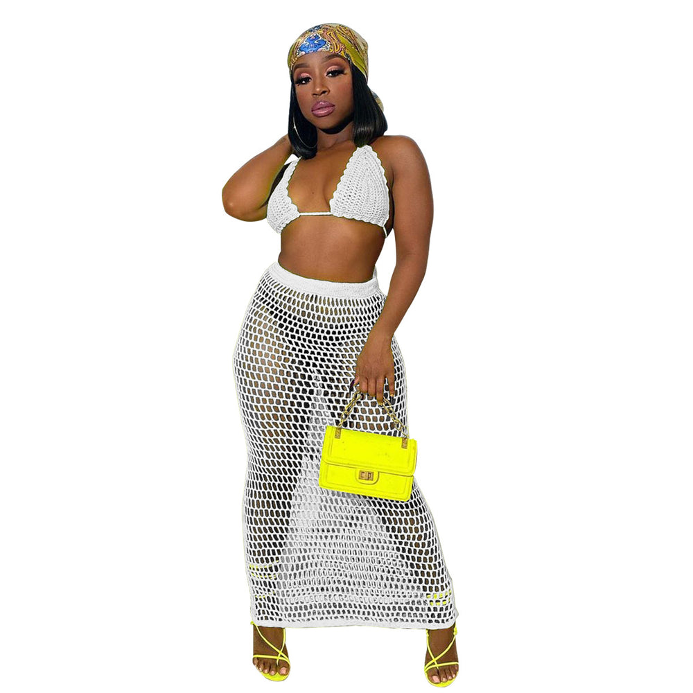hot seller: 2020 summer new handmade knitted hollow-out beach cover-up sexy mesh see-through two-piece set