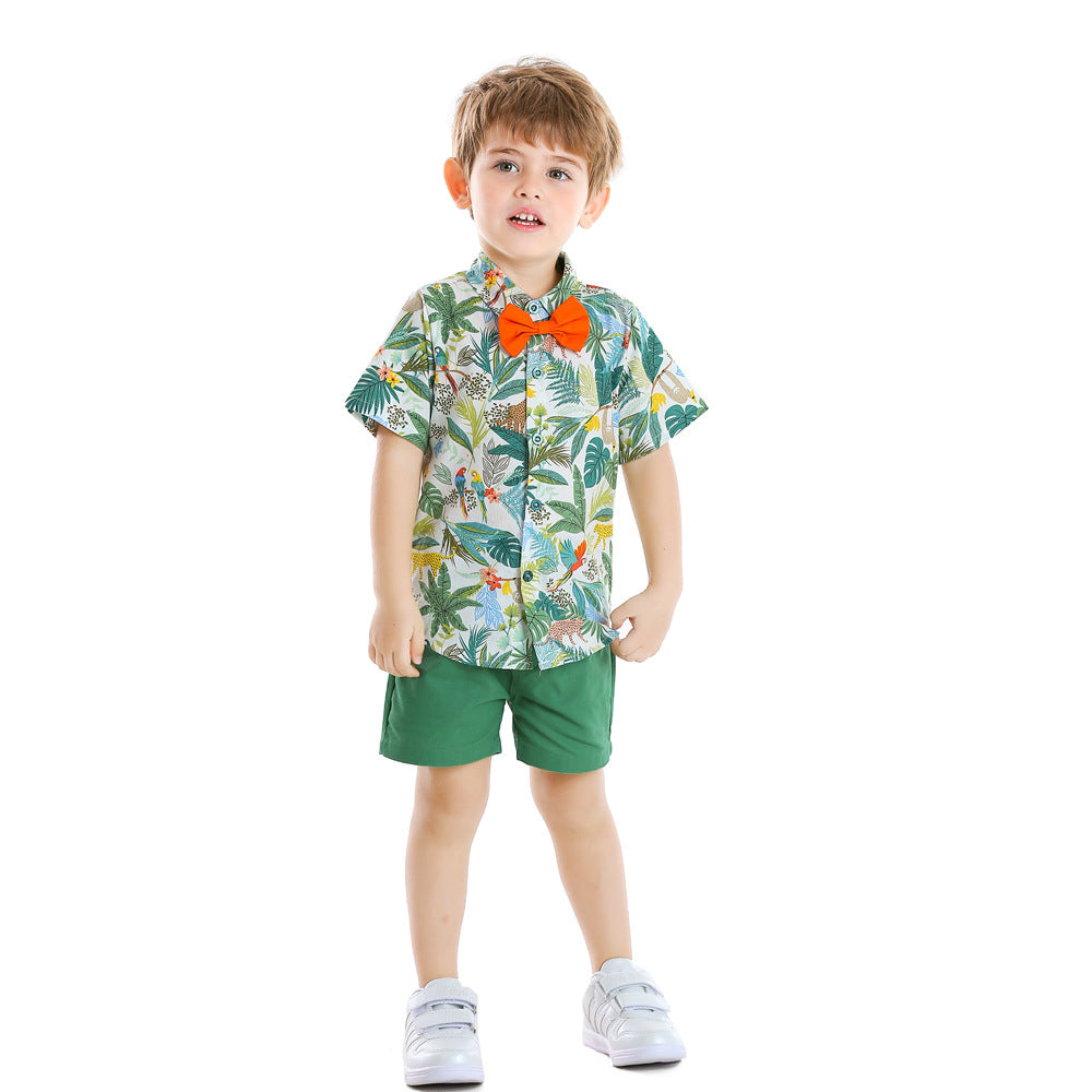 European and american new summer children's clothing bow tie floral shirt casual set wholesale ready stock baby suit