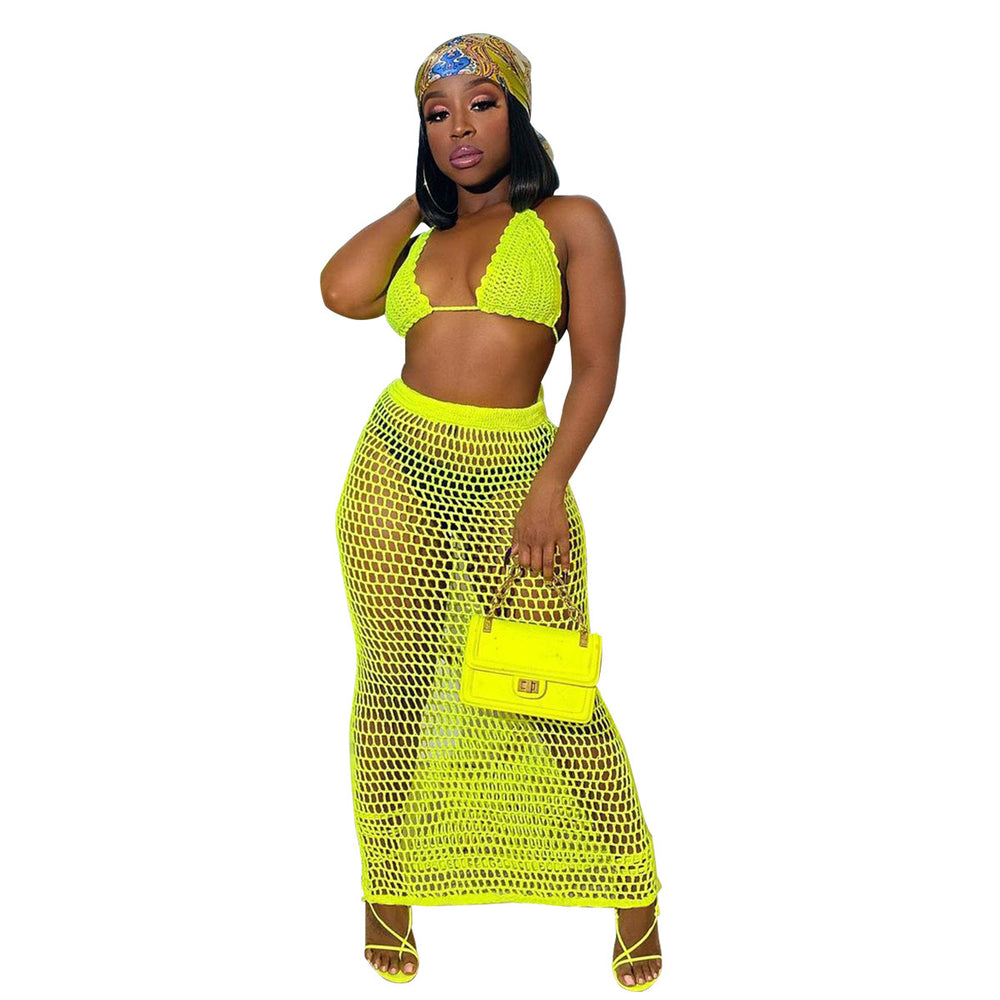 hot seller: 2020 summer new handmade knitted hollow-out beach cover-up sexy mesh see-through two-piece set