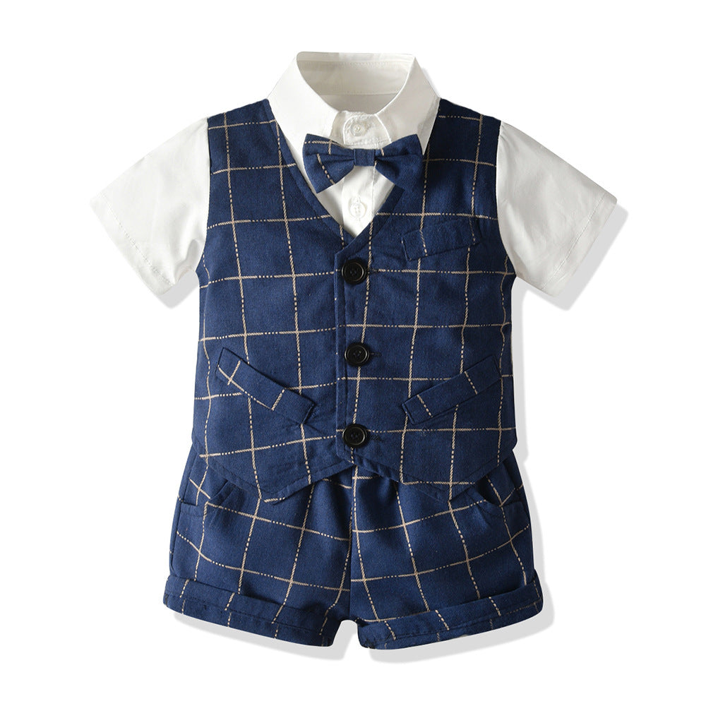 K-stylesummernew arrivalchildren's clothing boys short-sleeved suitk-stylegentleman three-piece setin stock wholesalebaby suit