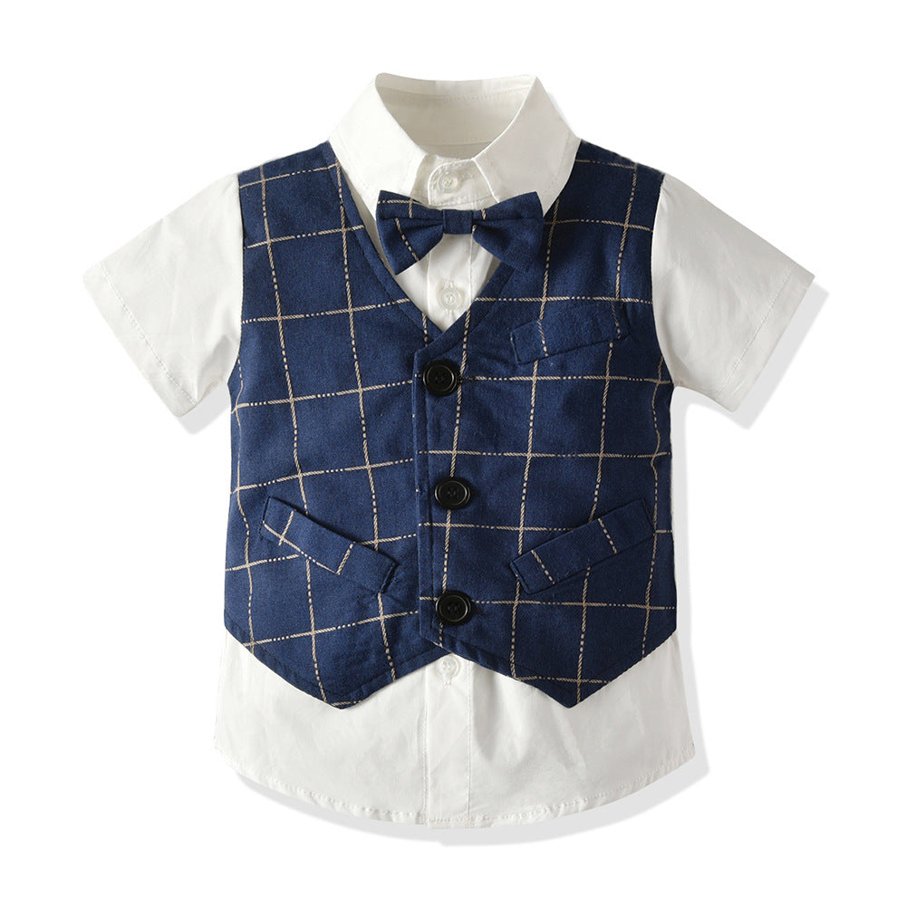 K-stylesummernew arrivalchildren's clothing boys short-sleeved suitk-stylegentleman three-piece setin stock wholesalebaby suit
