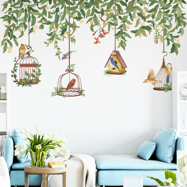 Green leaf top corner flower vine bird cage plant small fresh decorative sticker bedroom living room warm wall sticker ZDB-2182