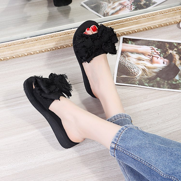 Thick sole sandals wedge heel women's fashionsummernew arrivalk-style slippers outwear high heel sandals and slippers platform shoes bottom bows