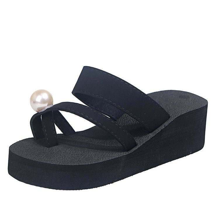 K-style women's 2024new arrival high-heeled women's slippers thick soleplatform shoes pearl toe slippers fashionoutwear flip-flops cool k-style