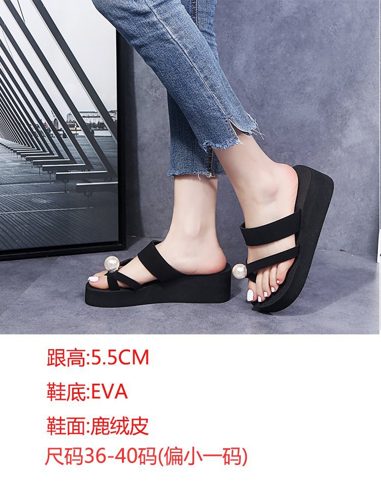 K-style women's 2024new arrival high-heeled women's slippers thick soleplatform shoes pearl toe slippers fashionoutwear flip-flops cool k-style