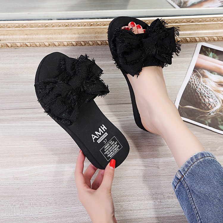 Thick sole sandals wedge heel women's fashionsummernew arrivalk-style slippers outwear high heel sandals and slippers platform shoes bottom bows