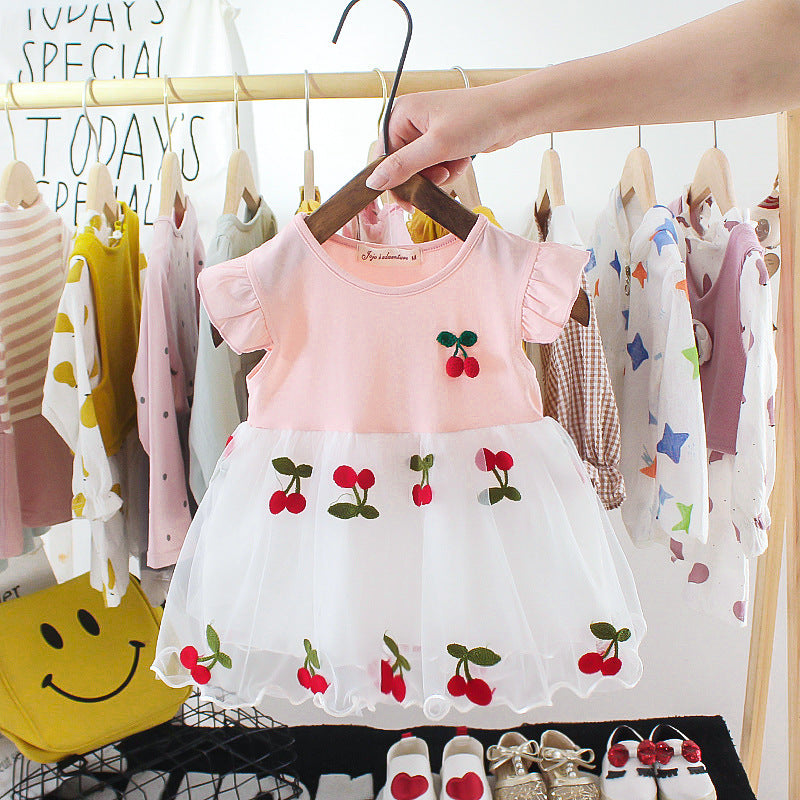 Baby girl summer short-sleeved dress with embroidered tulle overlay – stylish girls' dresses, direct from the manufacturer