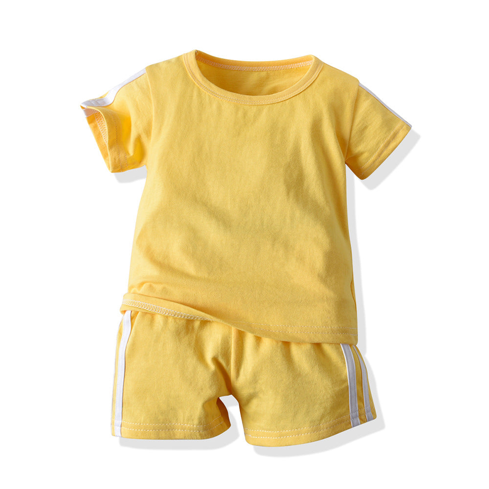 New arrivals: children's summer short-sleeve and shorts sets - candy colors, casual style, crew neck. wholesale available, ready to ship