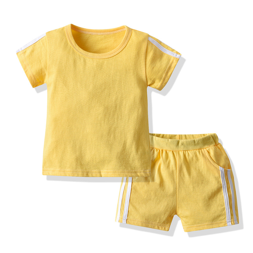 New arrivals: children's summer short-sleeve and shorts sets - candy colors, casual style, crew neck. wholesale available, ready to ship