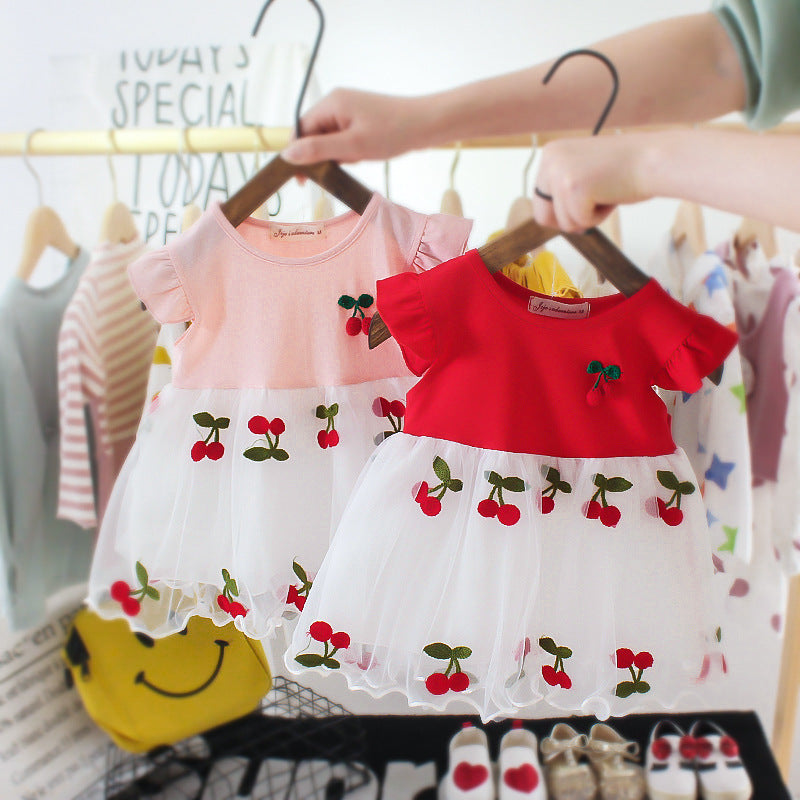 Baby girl summer short-sleeved dress with embroidered tulle overlay – stylish girls' dresses, direct from the manufacturer