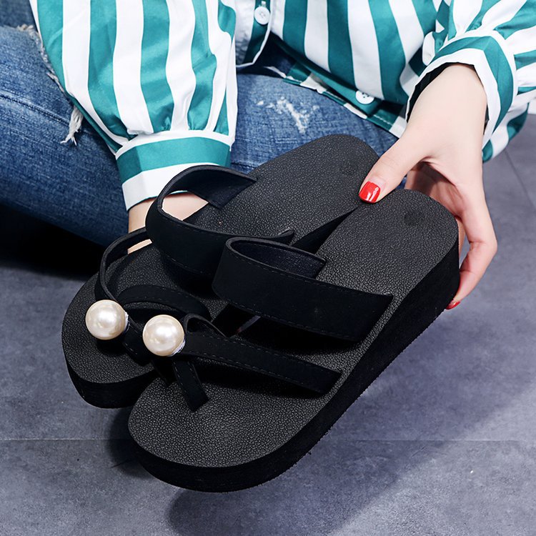 K-style women's 2024new arrival high-heeled women's slippers thick soleplatform shoes pearl toe slippers fashionoutwear flip-flops cool k-style