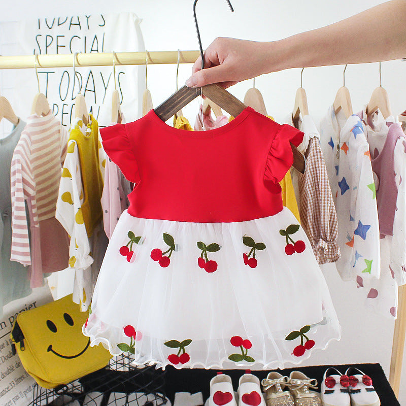 Baby girl summer short-sleeved dress with embroidered tulle overlay – stylish girls' dresses, direct from the manufacturer