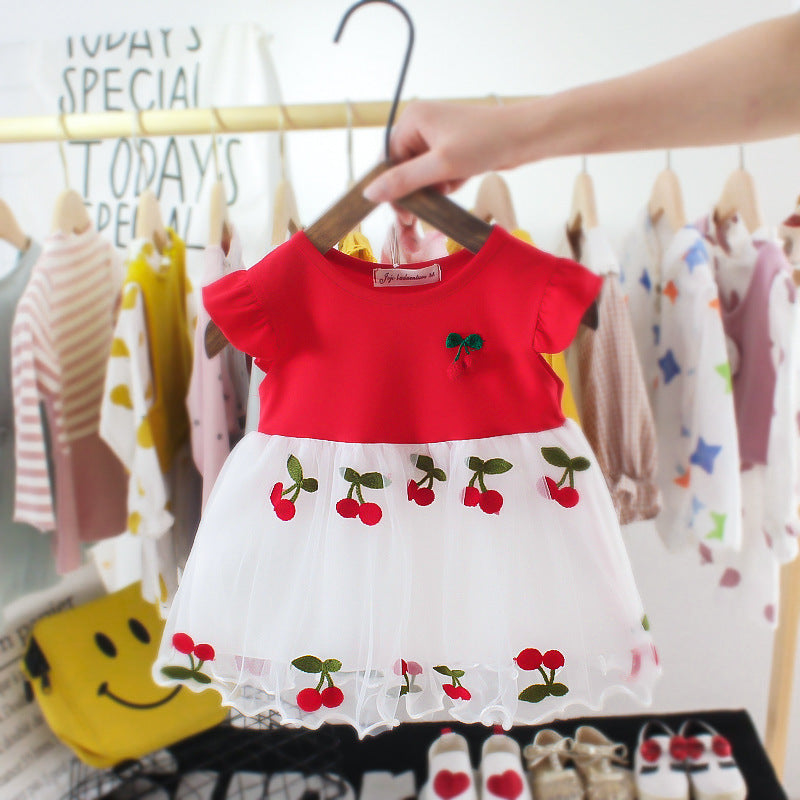 Baby girl summer short-sleeved dress with embroidered tulle overlay – stylish girls' dresses, direct from the manufacturer