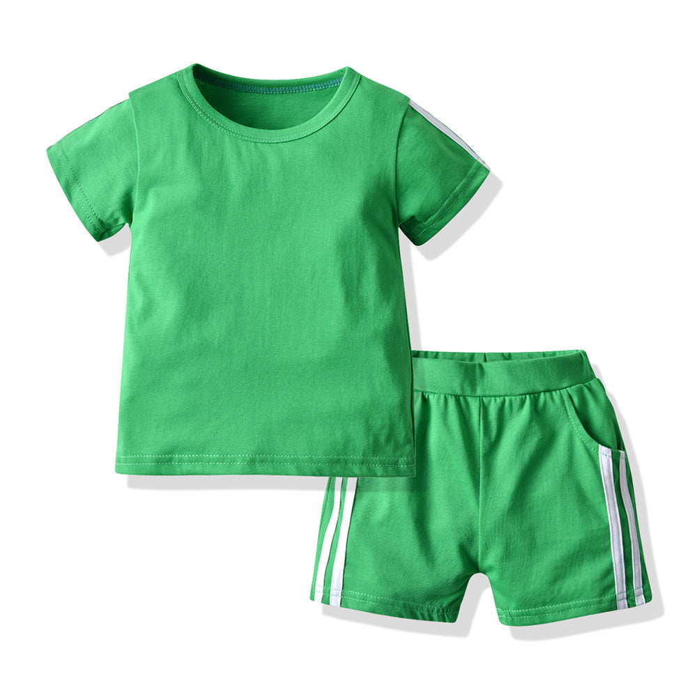 New arrivals: children's summer short-sleeve and shorts sets - candy colors, casual style, crew neck. wholesale available, ready to ship