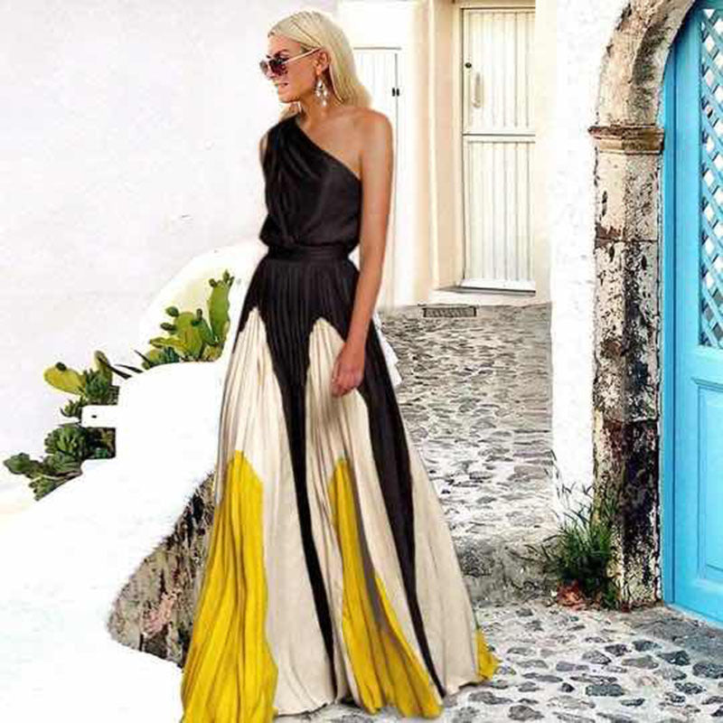 spring/summer new women's clothing  foreign trade style color block off-shoulder printed dress slim fit maxi dress