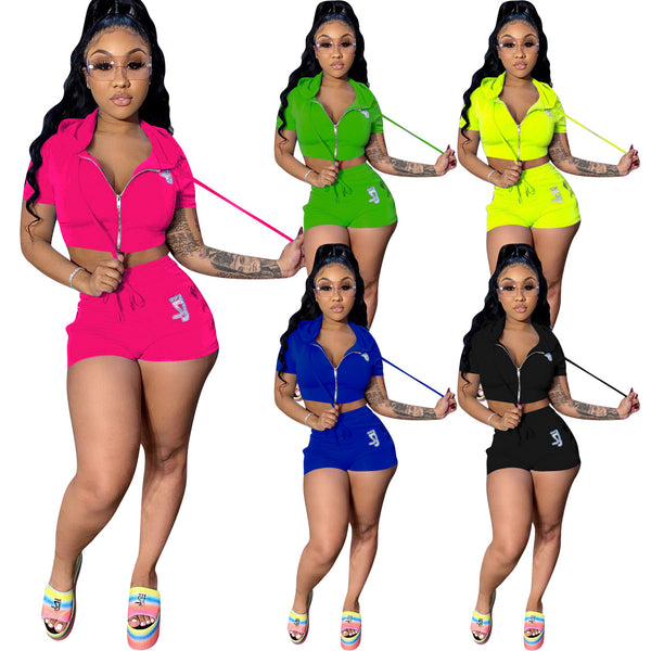 YD8189 European and American women's clothing  hot diamond sports and leisure hooded zipper two-piece set  women's clothing