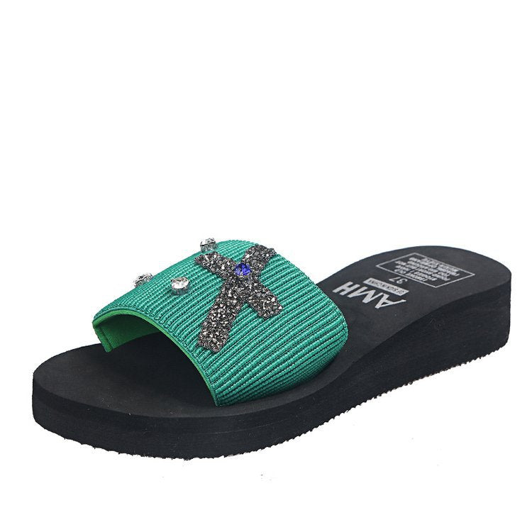 Summer open-toe rhinestone bow sandals - lightweight elastic band women's shoes - casual wedge heel mules