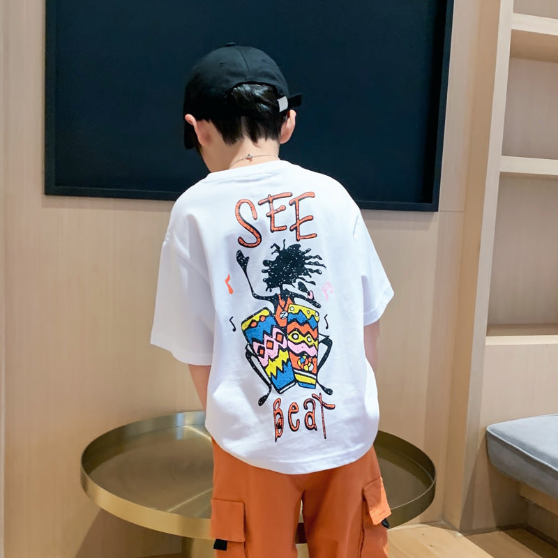 Summer boys' short-sleeve t-shirt, kids' round neck lycra top, comfortable base layer, loose-fit trendy style for mid-to-large children