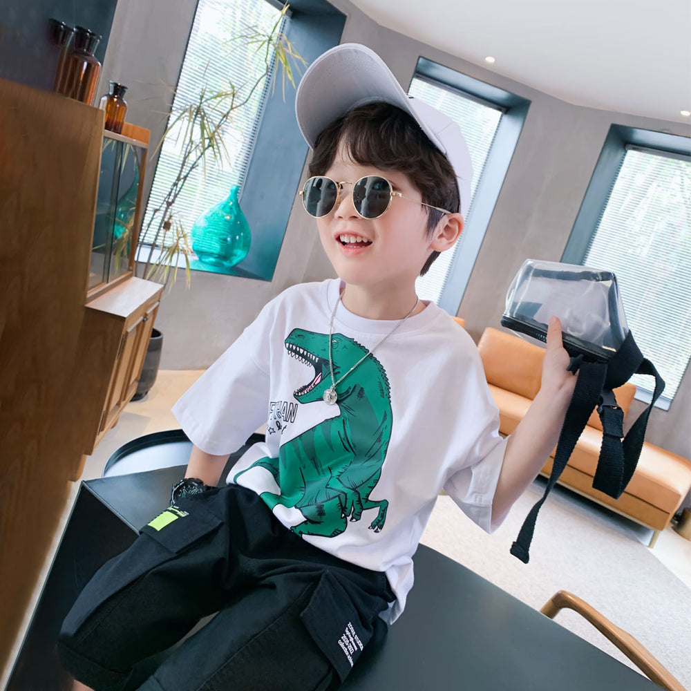 Summer boys' short-sleeve t-shirt, kids' round neck lycra top, comfortable base layer, loose-fit trendy style for mid-to-large children