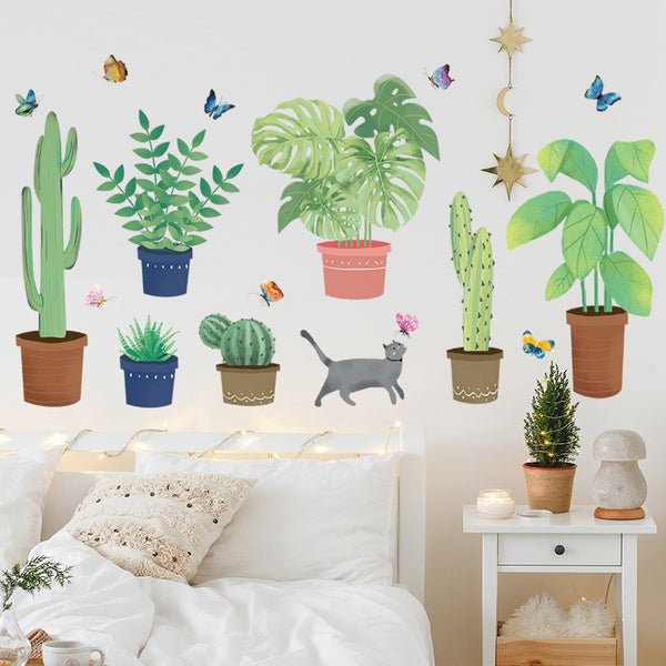 Tropical plants, green leaves, potted plants, cats, fresh literary self-adhesive glass stickers, decorative wall stickers XL7248